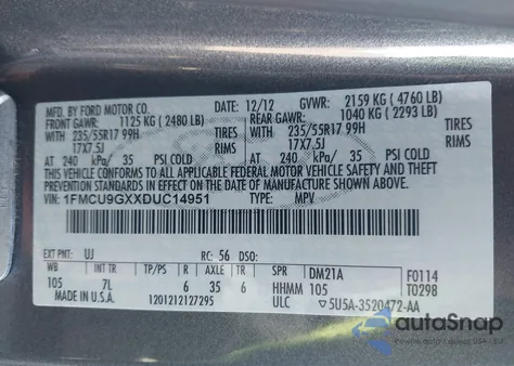 2013 Ford Escape Se from USA, damaged, VIN 1FMCU9GXXDUC14951